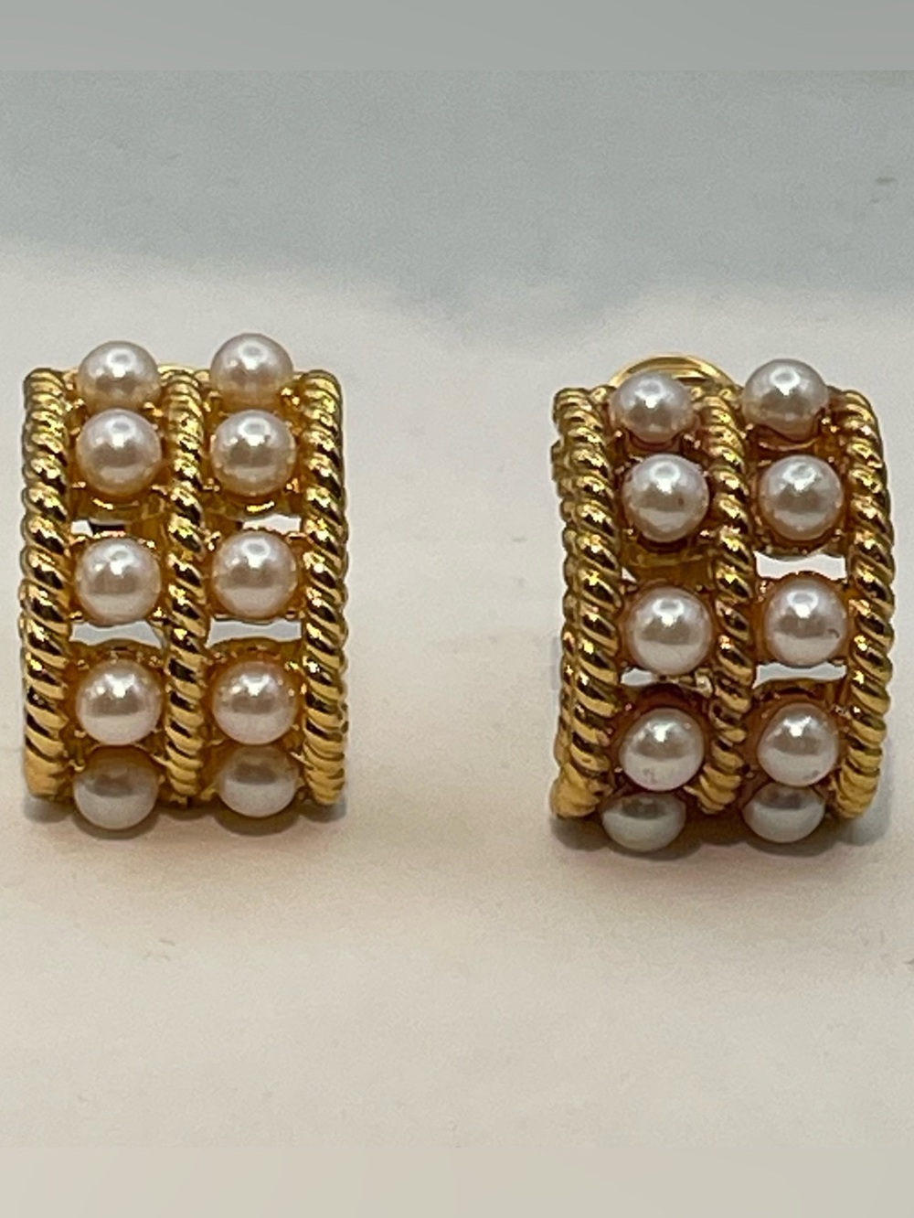Givenchy Couture Signed Vintage 18K GP Clip Earrings Double Row Pearl Hoops